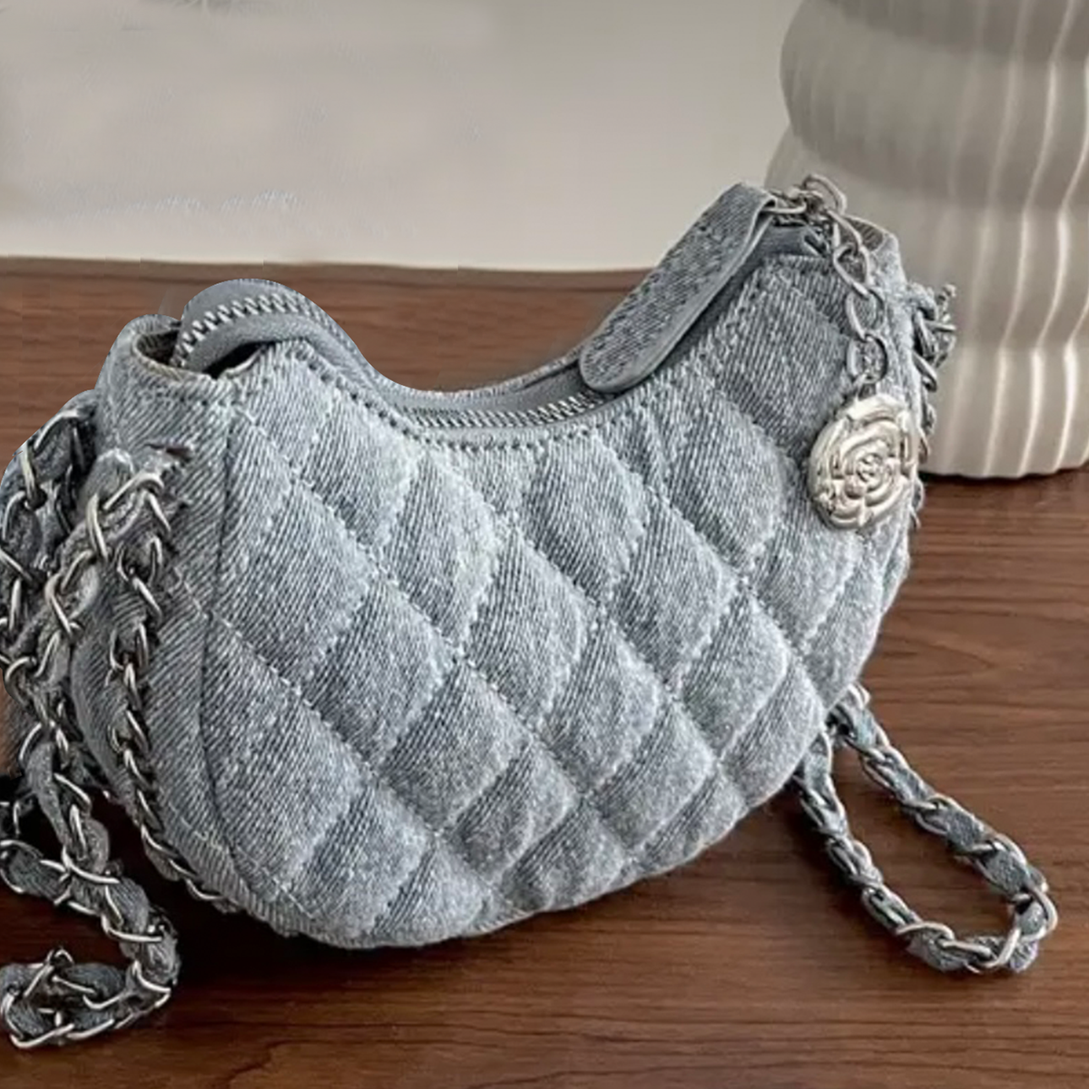 Light Blue Denim & Chain Crossbody Bag