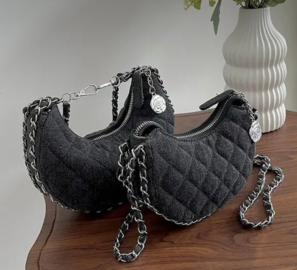 Black Denim & Chain Crossbody Bag