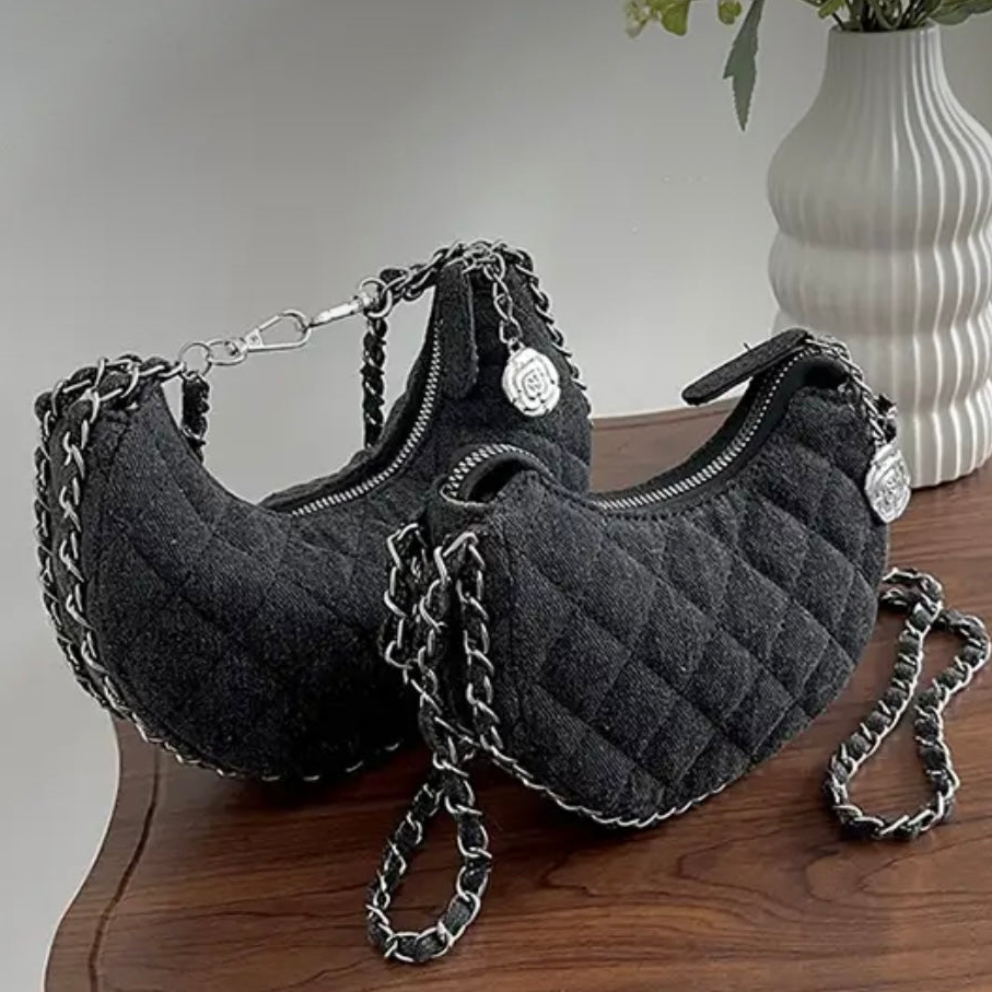 Black Denim & Chain Crossbody Bag